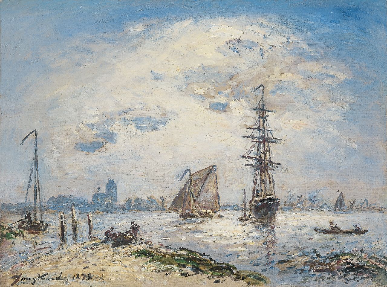 Jongkind J.B.  | Johan Barthold Jongkind, Schepen op de Oude Maas bij Dordrecht, olieverf op doek 24,5 x 32,3 cm, gesigneerd linksonder en gedateerd 1878