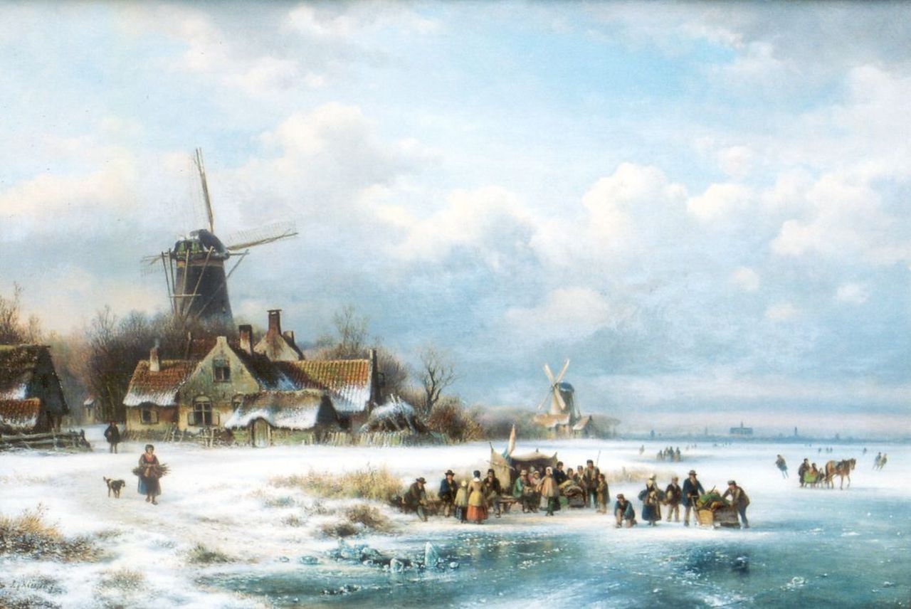 Kleijn L.J.  | Lodewijk Johannes Kleijn, Bedrijvigheid op een bevroren rivier met koek-en-zopie, olieverf op doek 49,1 x 71,9 cm, gesigneerd linksonder