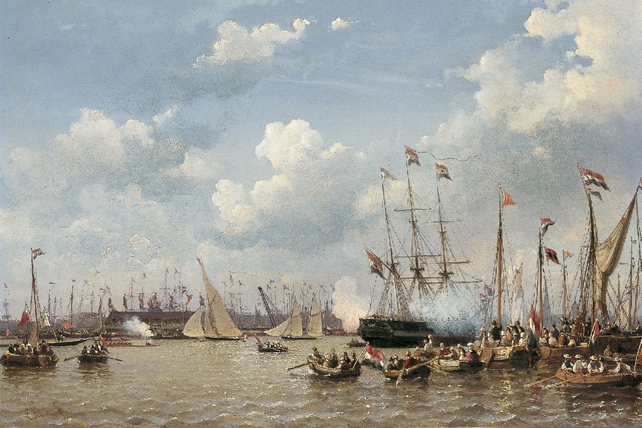 Koster E.  | Everhardus Koster, Regatta op het IJ, Amsterdam, olieverf op paneel 41,6 x 62,3 cm, gesigneerd linksonder en te dateren ca. 1846-1847