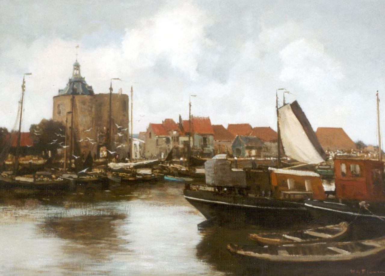 Jansen W.G.F.  | 'Willem' George Frederik Jansen, De haven van Enkhuizen met de Drommedaris, olieverf op doek 72,0 x 100,0 cm, gesigneerd rechtsonder