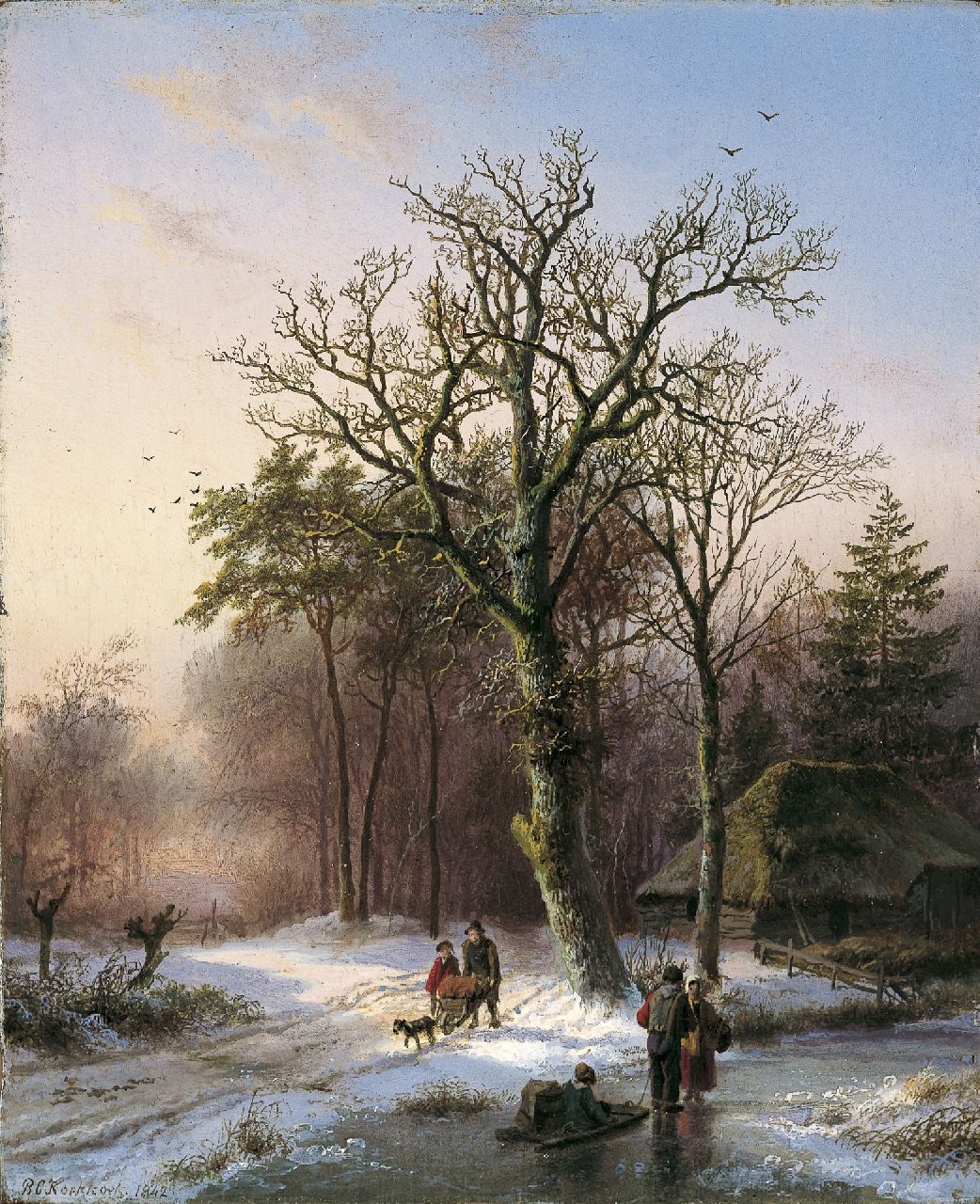 Koekkoek B.C.  | Barend Cornelis Koekkoek, Winters bosgezicht met figuren op het ijs, olieverf op paneel 19,1 x 15,7 cm, gesigneerd linksonder en gedateerd 1842
