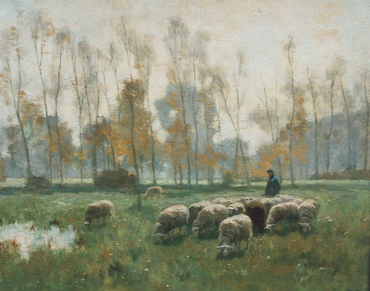 Steelink jr. W.  | Willem Steelink jr., Herder met zijn kudde schapen, olieverf op doek 39,0 x 50,0 cm, gesigneerd rechtsonder