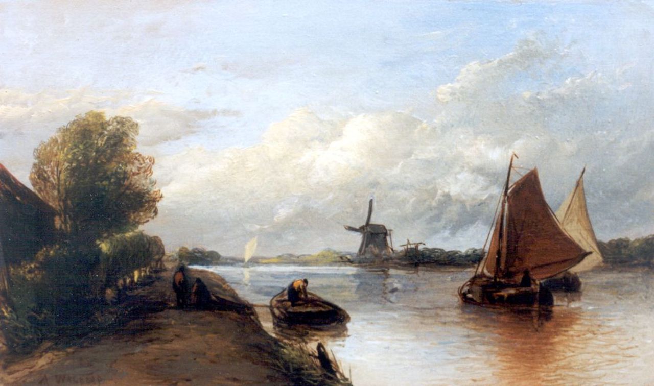Waldorp A.  | Antonie Waldorp, Poldervaart met zeilschepen, olieverf op paneel 12,0 x 19,3 cm, gesigneerd linksonder