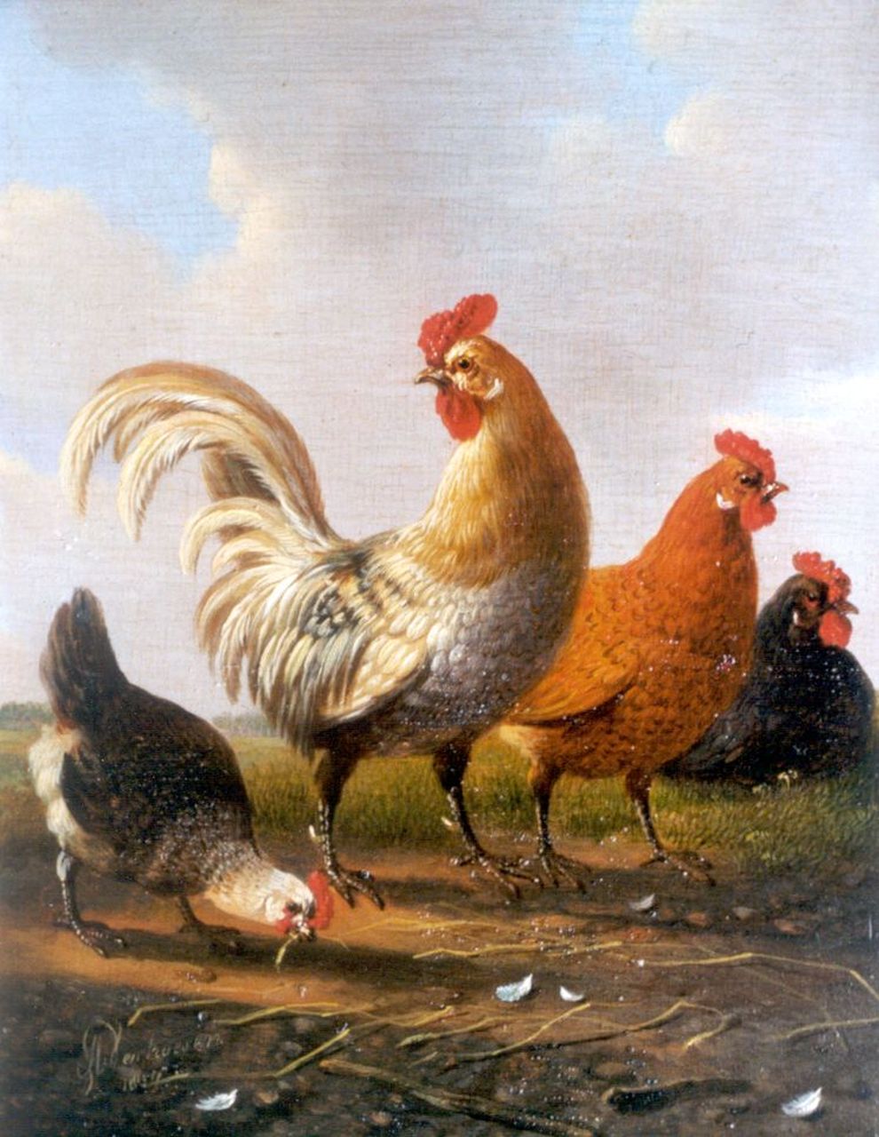 Verhoesen A.  | Albertus Verhoesen, Haan met kippen, olieverf op paneel 18,0 x 14,5 cm, gesigneerd linksonder en gedateerd 1857