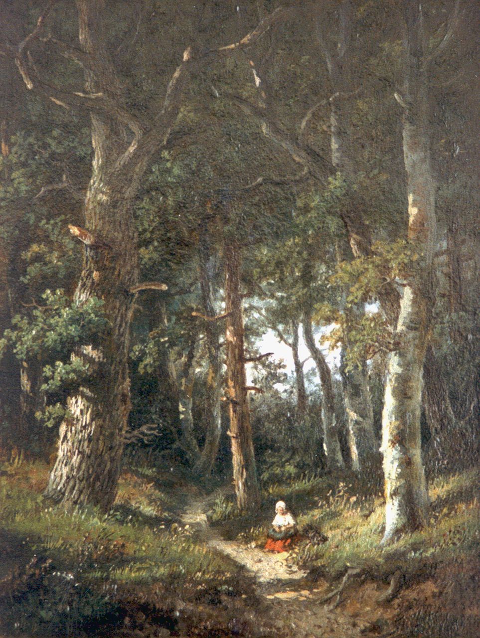 Wijngaerdt A.J. van | Anthonie Jacobus van Wijngaerdt, Figuur op een bospad, olieverf op paneel 14,5 x 10,0 cm, gesigneerd linksonder mon