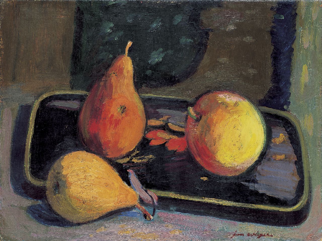 Wiegers J.  | Jan Wiegers, Fruitstilleven, olieverf op doek 30,2 x 40,0 cm, gesigneerd rechtsonder