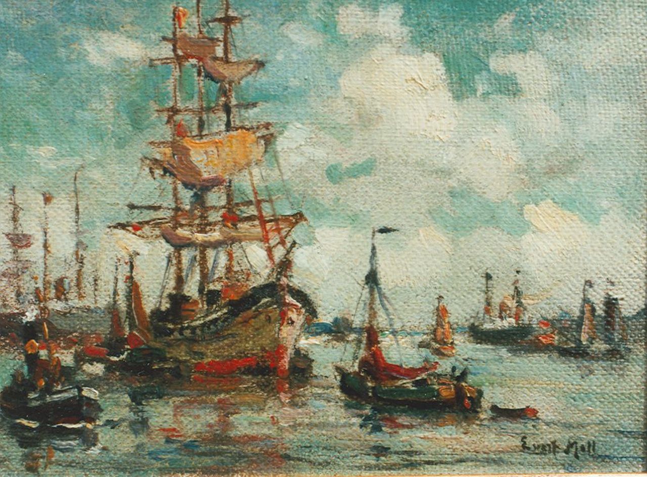 Moll E.  | Evert Moll, Driemaster in de haven van Rotterdam, olieverf op doek op paneel 10,5 x 13,4 cm, gesigneerd rechtsonder