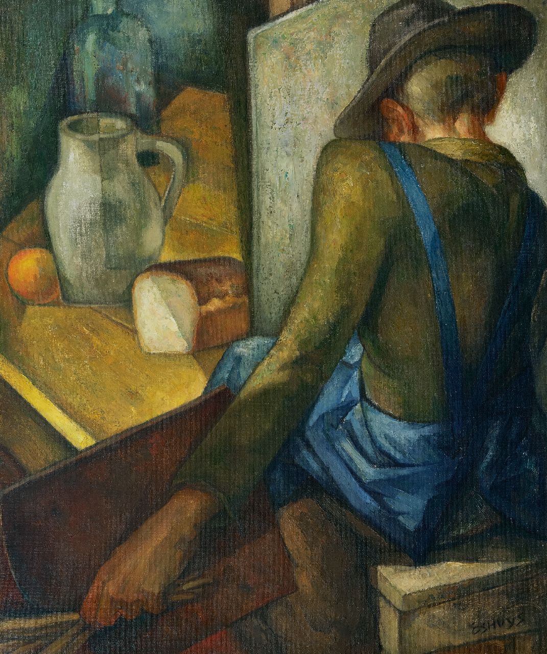 Eshuijs H.J.  | Hendrikus Jacobus Eshuijs | Schilderijen te koop aangeboden | De schilder in zijn atelier, olieverf op doek 65,2 x 55,0 cm, gesigneerd rechtsonder