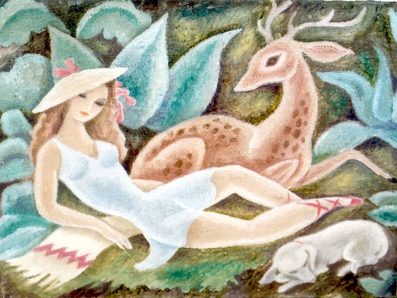 Langeler J.F.  | Johanna Frederika 'Freddie' Langeler, Liggende vrouw met hert en hond, olieverf op doek 34,5 x 46,0 cm