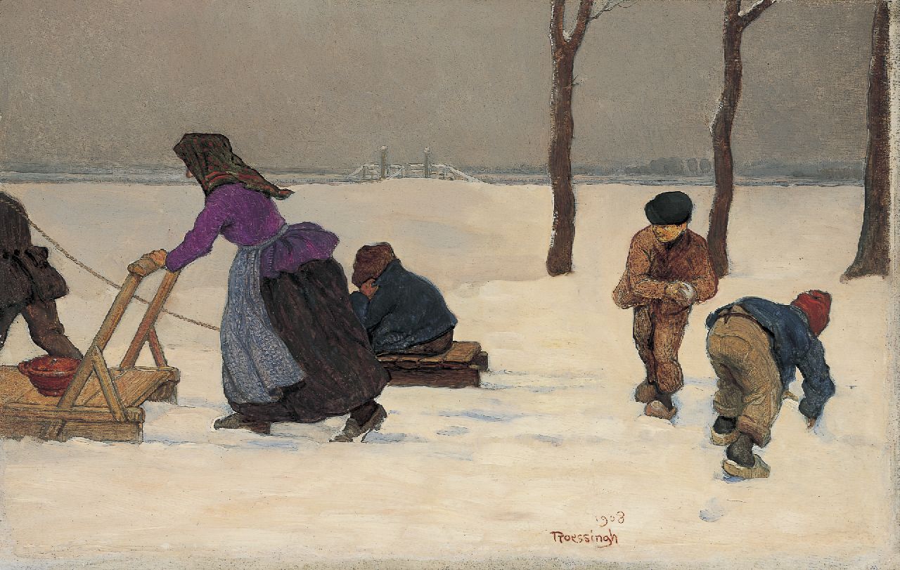 Roessingh L.A.  | Louis Albert Roessingh, Sneeuwlandschap met spelende kinderen, olieverf op paneel 21,4 x 32,4 cm, gesigneerd r. v/h m. en gedateerd 1908
