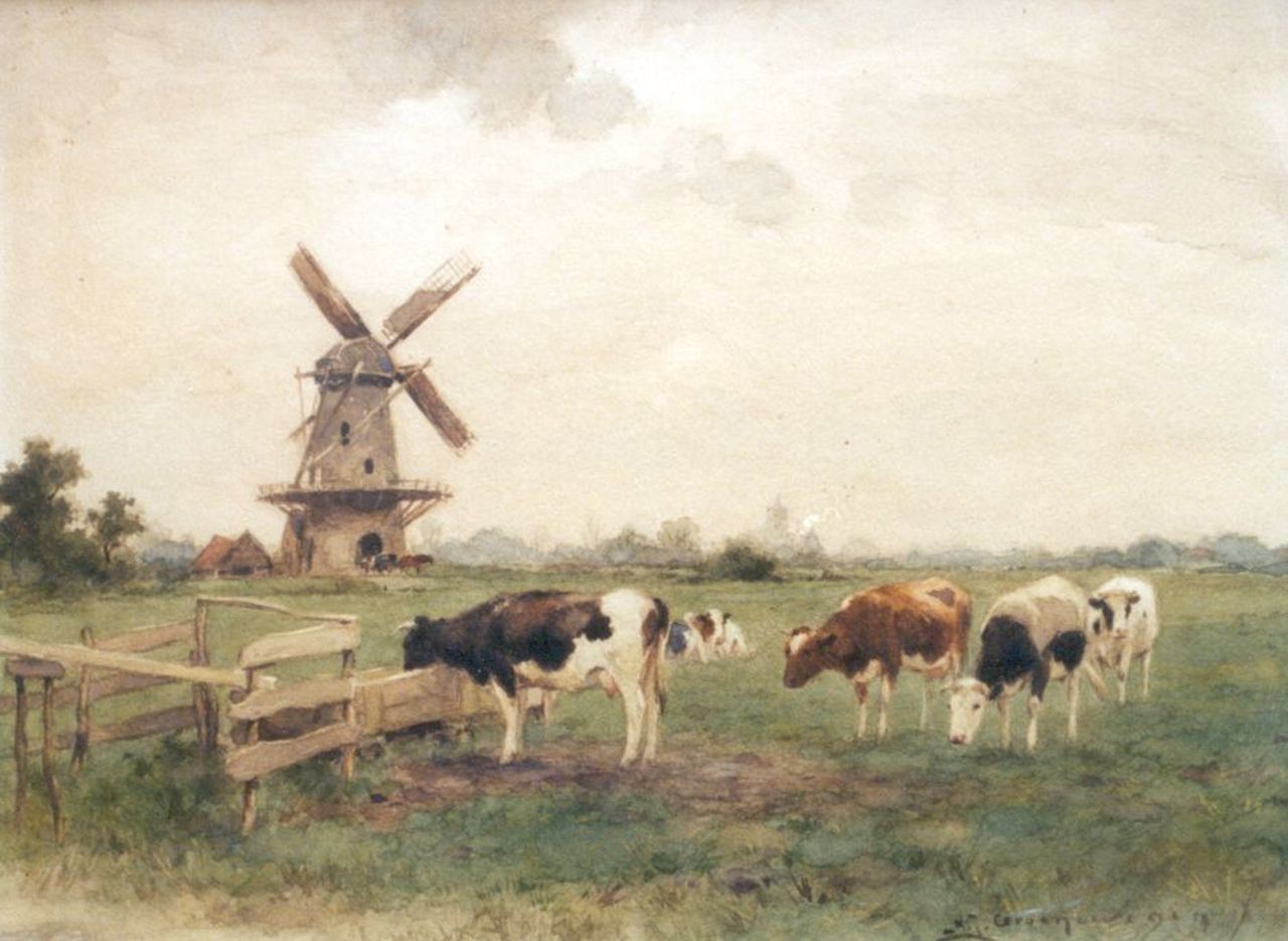 Groenewegen A.J.  | Adrianus Johannes Groenewegen, Landschap met grazende koeien, aquarel op papier 30,9 x 40,3 cm, gesigneerd rechtsonder