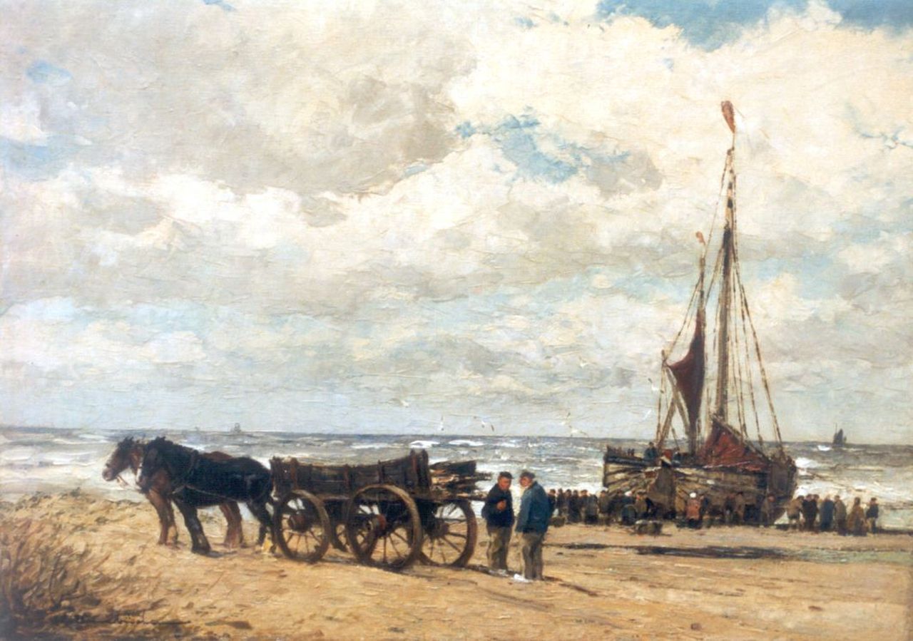 Hambüchen W.  | Wilhelm Hambüchen, Strandscène met vissersvolk bij het uitladen van de vangst, olieverf op doek 60,2 x 80,2 cm, gesigneerd linksonder