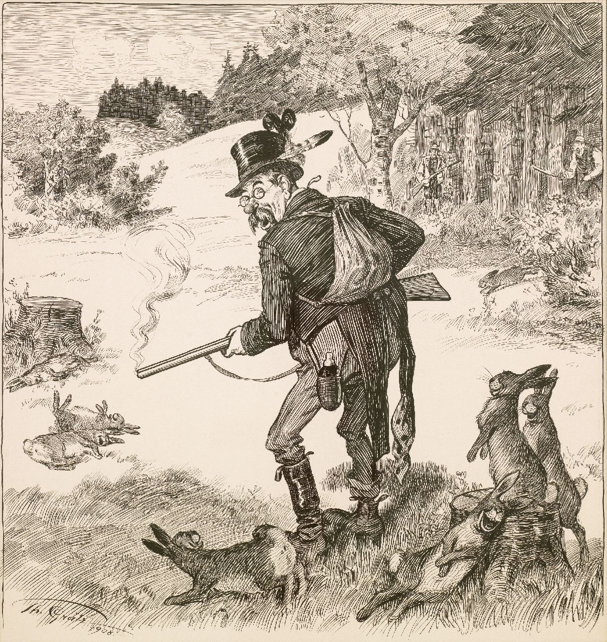Graetz Th.  | Theodor Graetz, De trefzekere schutter, pen en inkt op papier 40,0 x 42,0 cm, gesigneerd linksonder en gedateerd 1908