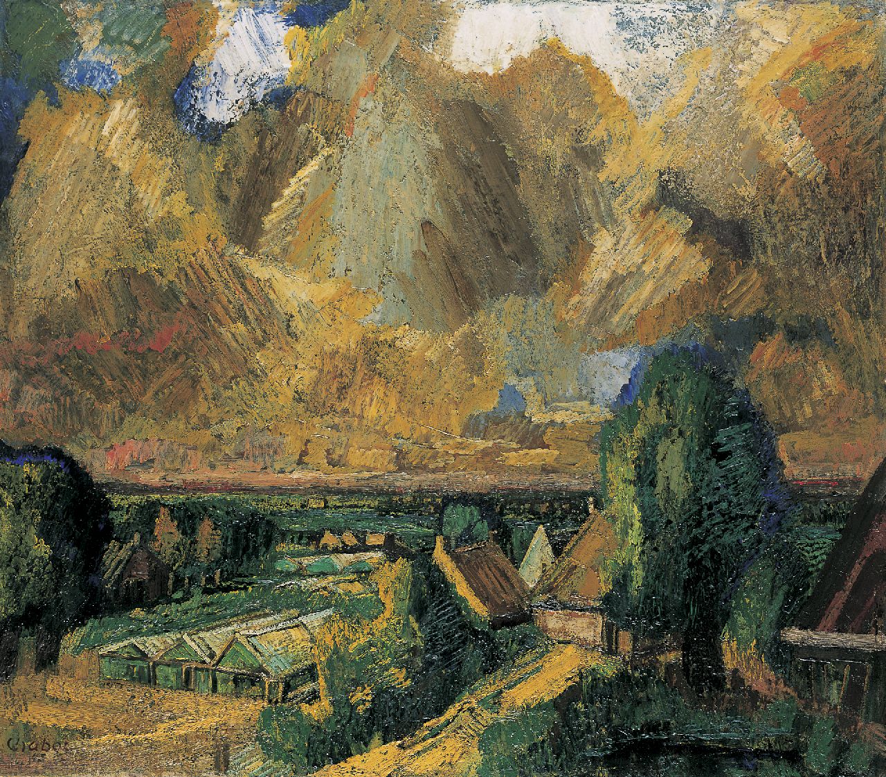 Chabot H. | Hendrik 'Henk' Chabot, Polder met kassen, olieverf op doek 72,4 x 83,6 cm, gesigneerd linksonder en gedateerd '45 Chabot H. | Hendrik 'Henk' Chabot, Polder met kassen, olieverf op doek 72,4 x 83,6 cm, gesigneerd linksonder en gedateerd '45