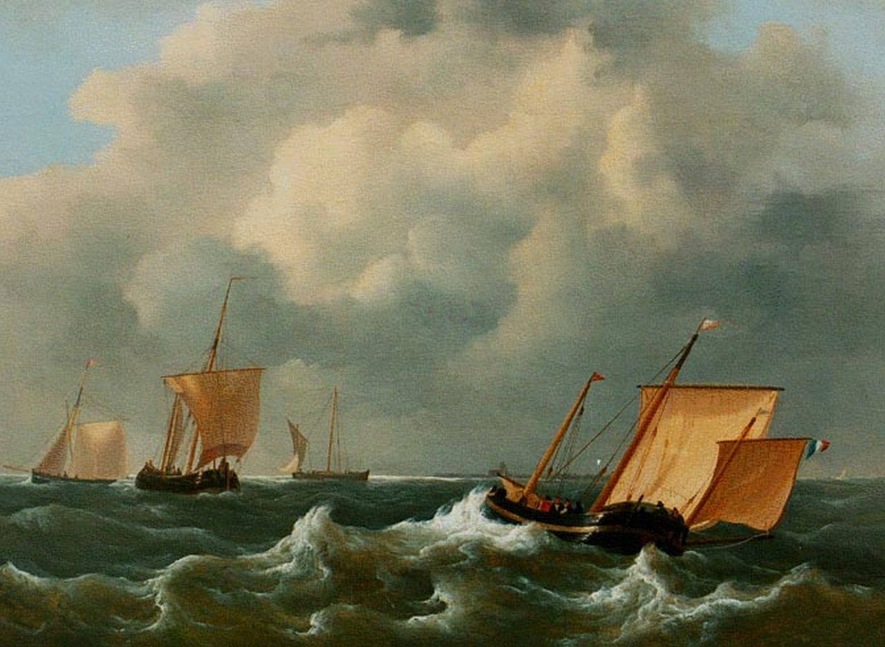 Blijk F.J. van den | Frans Jacobus van den Blijk, Zeilschepen met loodsboot op volle zee, olieverf op paneel 27,4 x 36,8 cm
