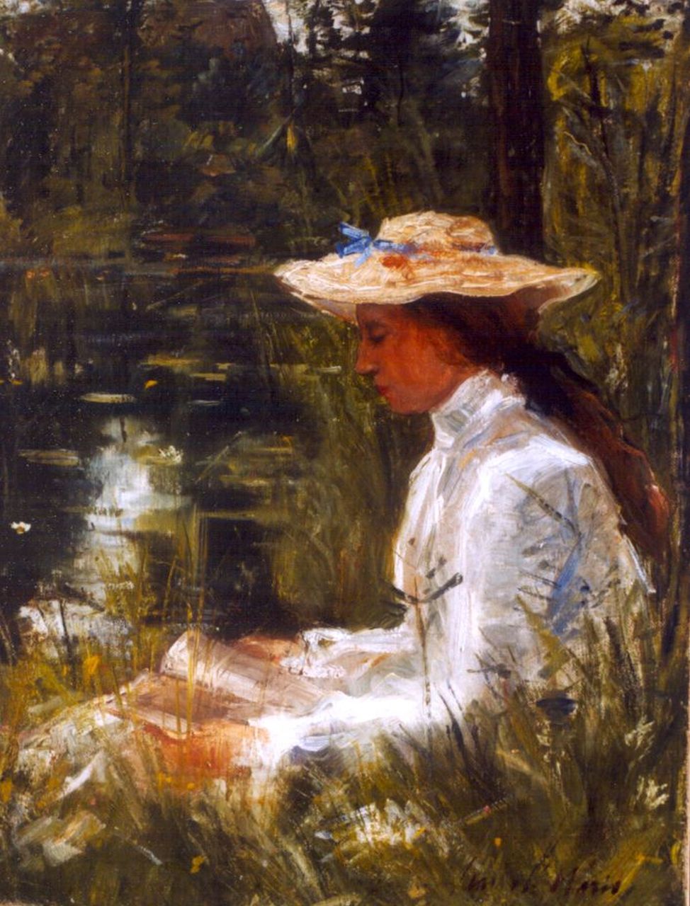 Maris S.W.  | Simon Willem Maris, Lezende jongedame bij een bosvijver, olieverf op doek 52,3 x 40,0 cm, gesigneerd rechtsonder
