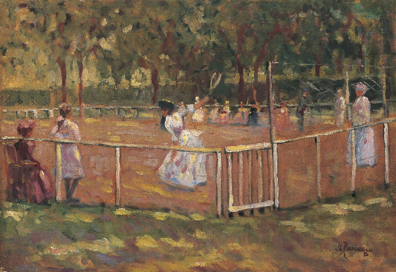 Rousseau M.  | Marguerite Rousseau, De tennispartij (naar compositie van John Lavery), olieverf op paneel 38,0 x 55,0 cm, gesigneerd rechtsonder en gedateerd '16