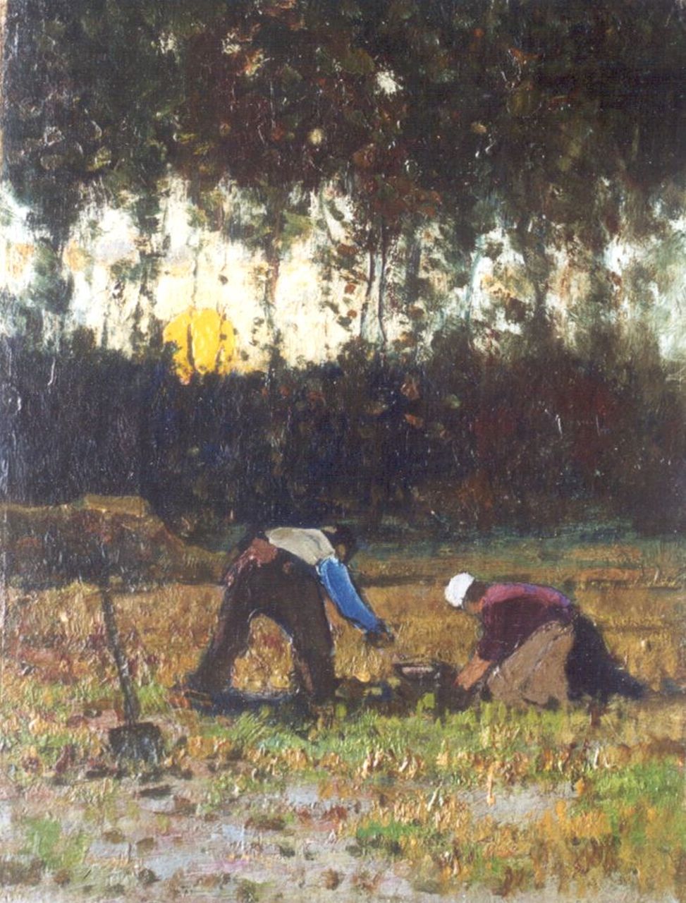 Kuijpers C.  | Cornelis Kuijpers, Boeren in het veld bij zonsopgang, olieverf op doek op schildersboard 30,6 x 24,0 cm