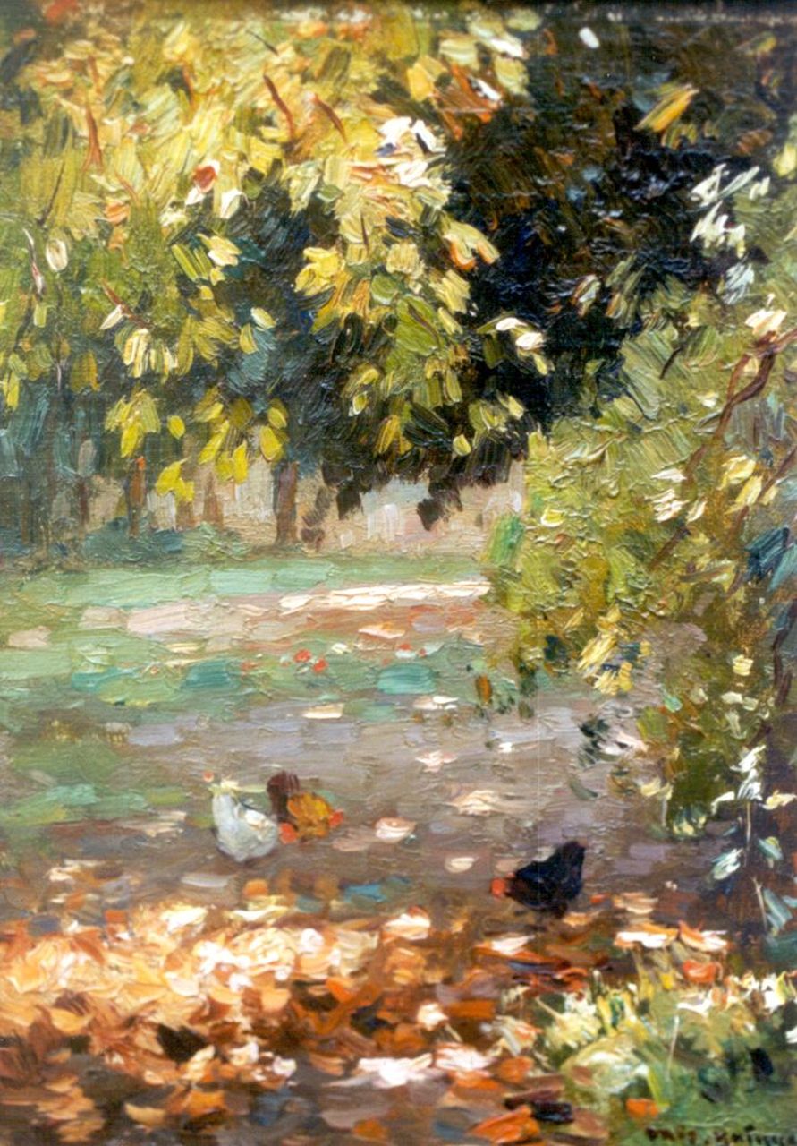 Knikker A.  | Aris Knikker, Kippen in het bos, olieverf op doek op schildersboard 23,9 x 18,0 cm, gesigneerd rechtsonder