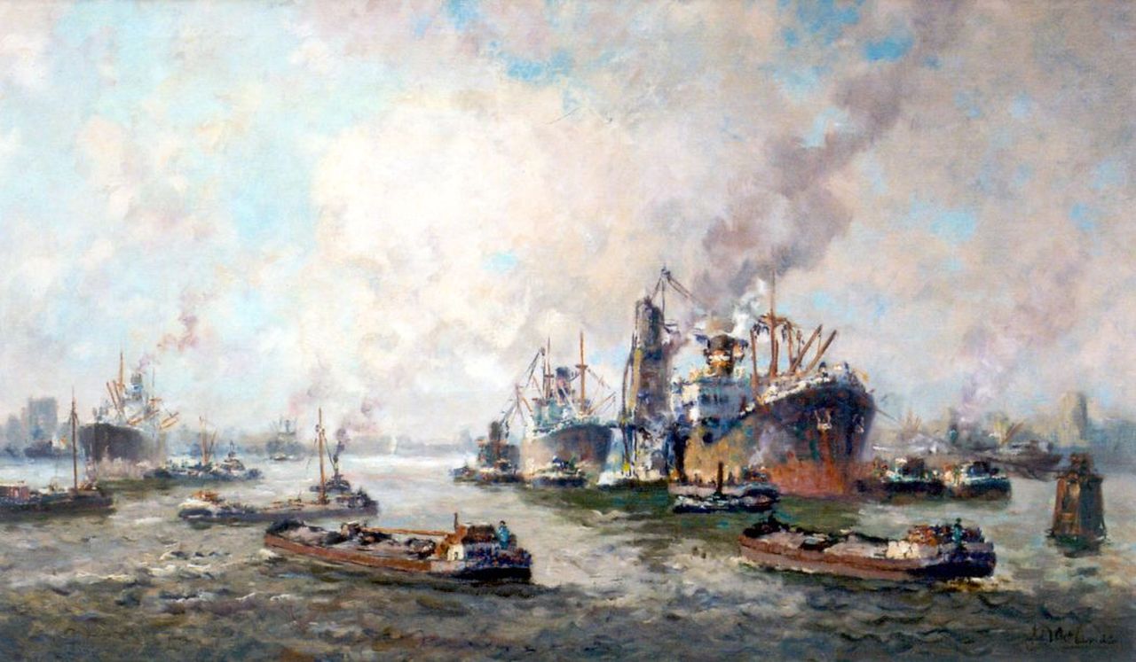 Molenaar J.P.  | Johannes Petrus 'Joop' Molenaar, Op de Maas voor Rotterdam, olieverf op doek 59,9 x 99,9 cm, gesigneerd rechtsonder