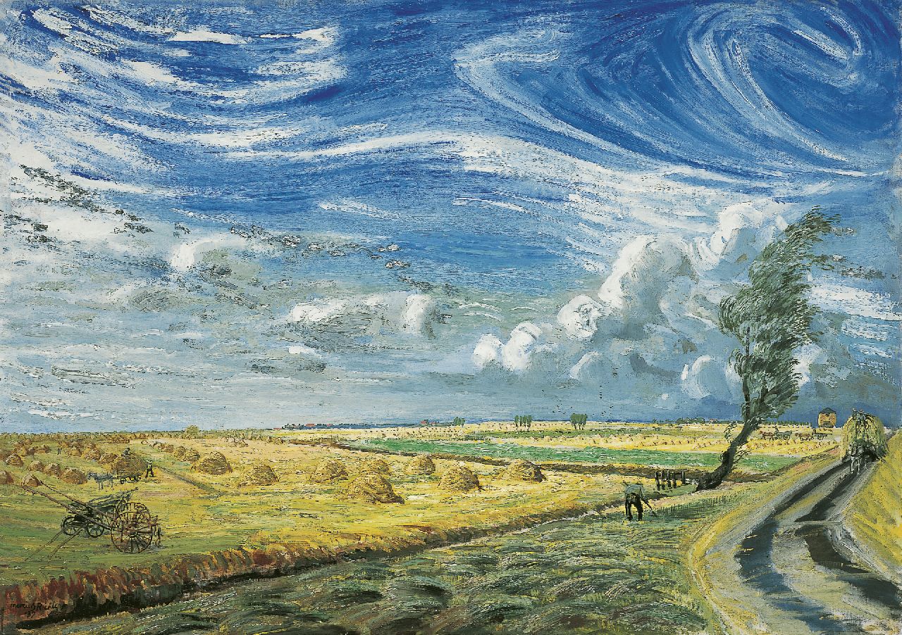 Richters M.J.  | 'Marius' Johannes Richters, Hooioppers onder bewogen wolkenlucht, olieverf op doek 77,3 x 109,5 cm, gesigneerd linksonder en gedateerd '37