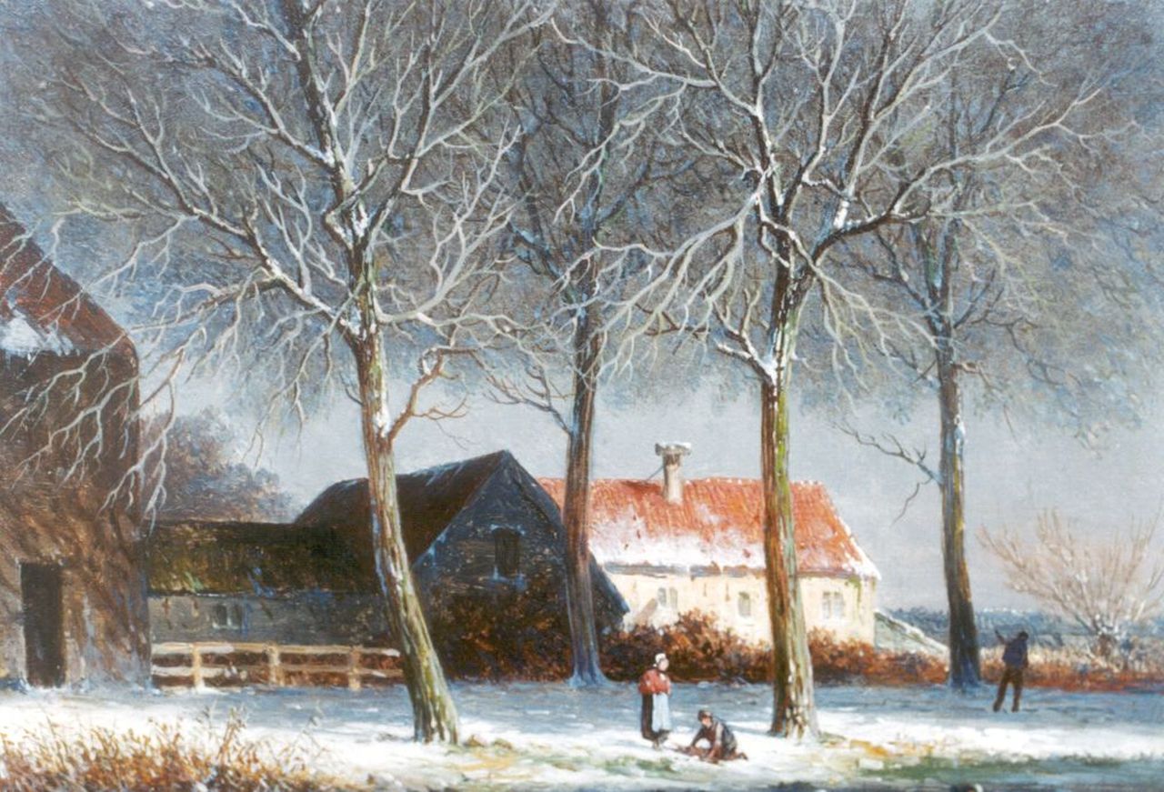 Eversen A.  | Adrianus Eversen, Winters pad langs een boerenhoeve, olieverf op paneel 17,6 x 24,0 cm, gesigneerd linksonder