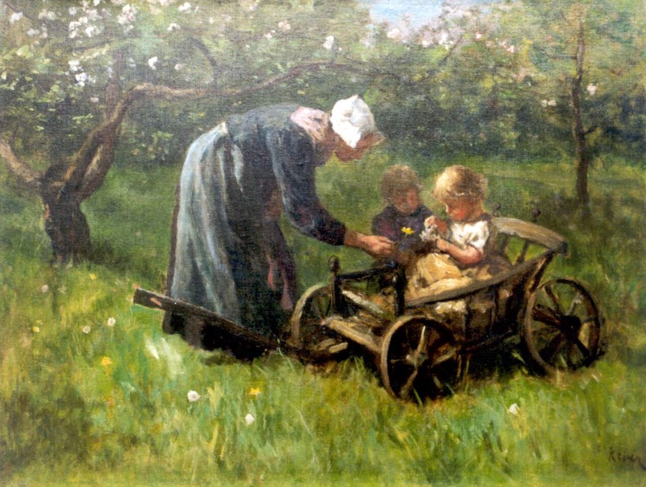 Kever J.S.H.  | Jacob Simon Hendrik 'Hein' Kever, Moeder met kinderen in appelboomgaard, olieverf op doek 47,5 x 62,0 cm, gesigneerd rechtsonder