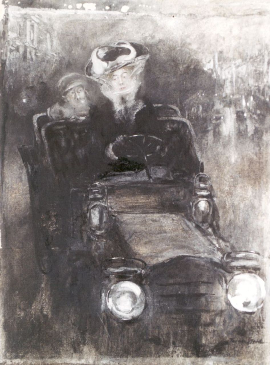 Stahl F.  | Friedrich Stahl, Mevrouw chauffeert, houtskool, aquarel en gouache op papier op karton 27,0 x 20,7 cm, gesigneerd rechtsonder