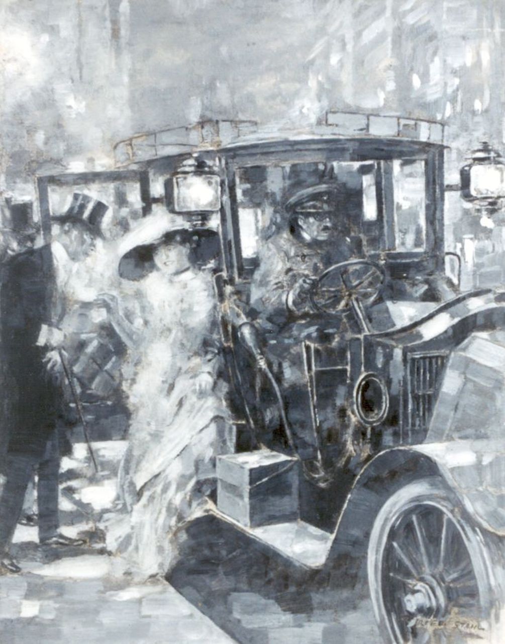 Stahl F.  | Friedrich Stahl, Naar het theater, gouache op karton 17,5 x 22,5 cm, gesigneerd rechtsonder