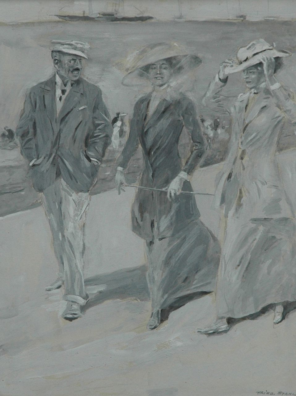 Stahl F.  | Friedrich Stahl, Wandelen op de boulevard, gouache op karton 18,0 x 23,5 cm, gesigneerd rechtsonder