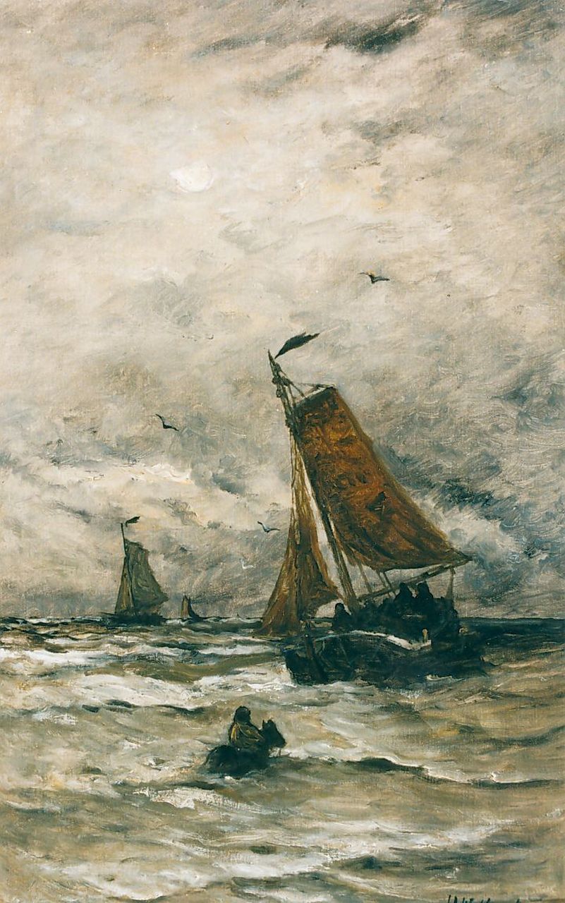Mesdag H.W.  | Hendrik Willem Mesdag, Lijnhaalder en vissersboten in de branding, olieverf op doek 78,0 x 48,2 cm