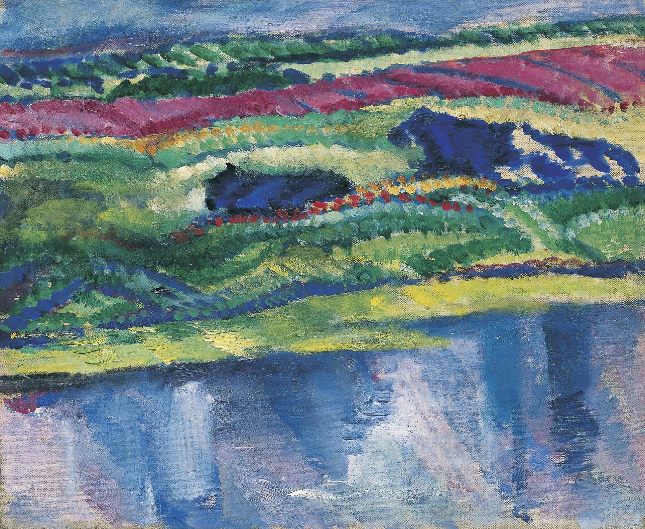 Berg E.  | Else Berg, Landschap met koeien, olieverf op doek op board 40,0 x 48,5 cm, gesigneerd rechtsonder en te dateren ca. 1911-1912