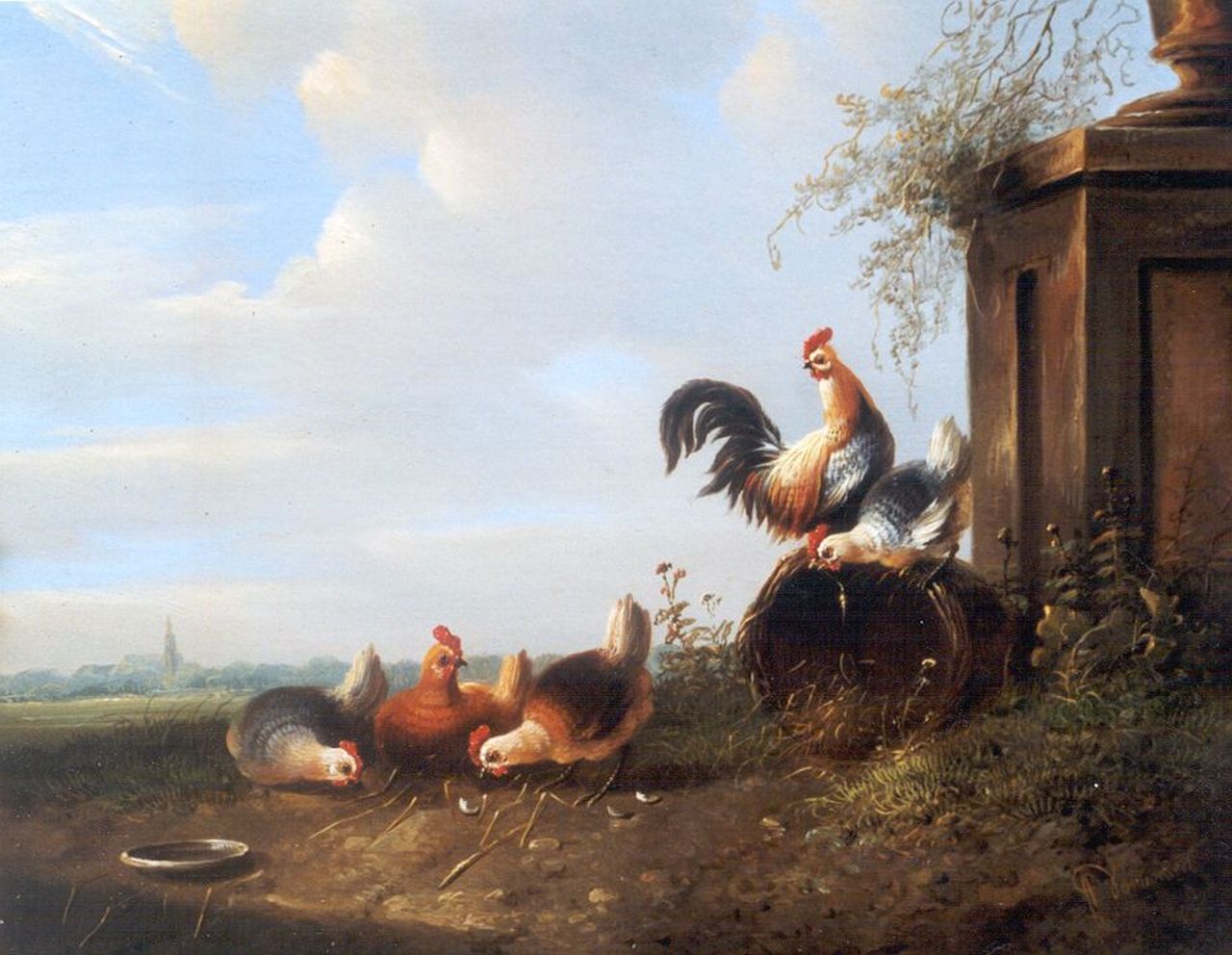 Verhoesen A.  | Albertus Verhoesen, Kippen en een haan bij een broedkorf, olieverf op paneel 19,6 x 23,9 cm, gesigneerd rechtsonder