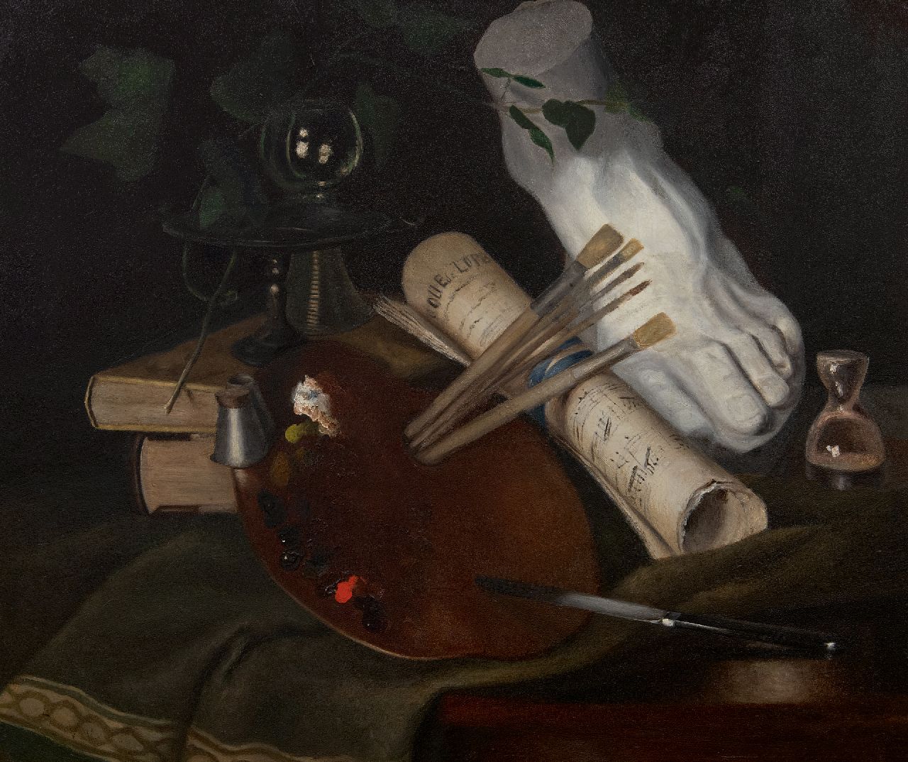 Johanna Margaretha van de Kasteele | Stilleven met schilderspalet, olieverf op paneel, 45,0 x 53,0 cm, gesigneerd l.o. met initialen
