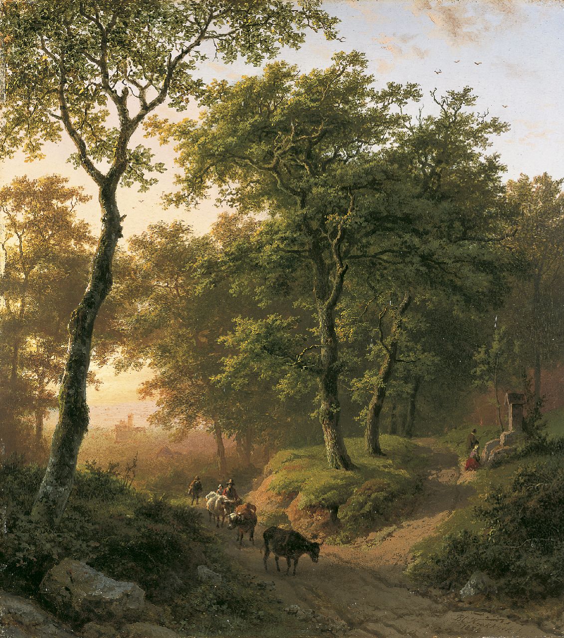 Koekkoek B.C.  | Barend Cornelis Koekkoek, Boomrijk landschap bij ondergaande zon, olieverf op paneel 32,6 x 29,2 cm, gesigneerd rechtsonder en gedateerd 1850