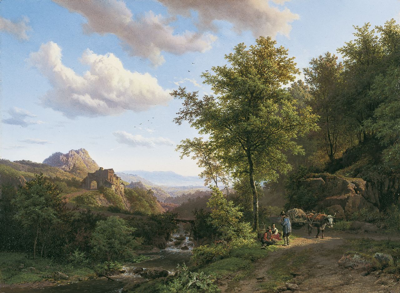 Koekkoek B.C.  | Barend Cornelis Koekkoek, Heuvellandschap met rustend boerenvolk onder een eik, olieverf op paneel 38,5 x 51,9 cm, gesigneerd rechtsonder en gedateerd 1843