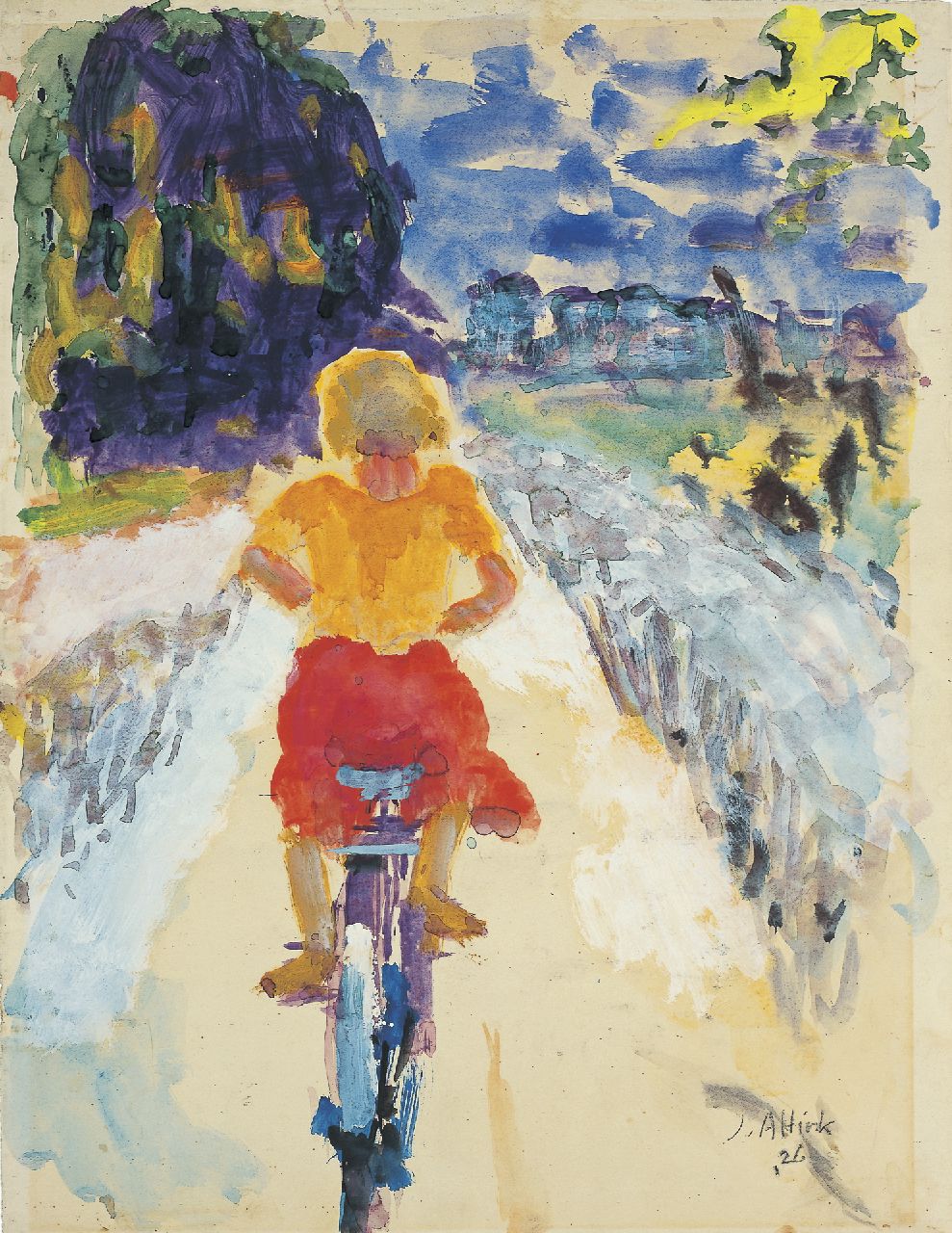 Altink J.  | Jan Altink, Meisje op de fiets, aquarel op papier 63,0 x 47,0 cm, gesigneerd rechtsonder en gedateerd '26