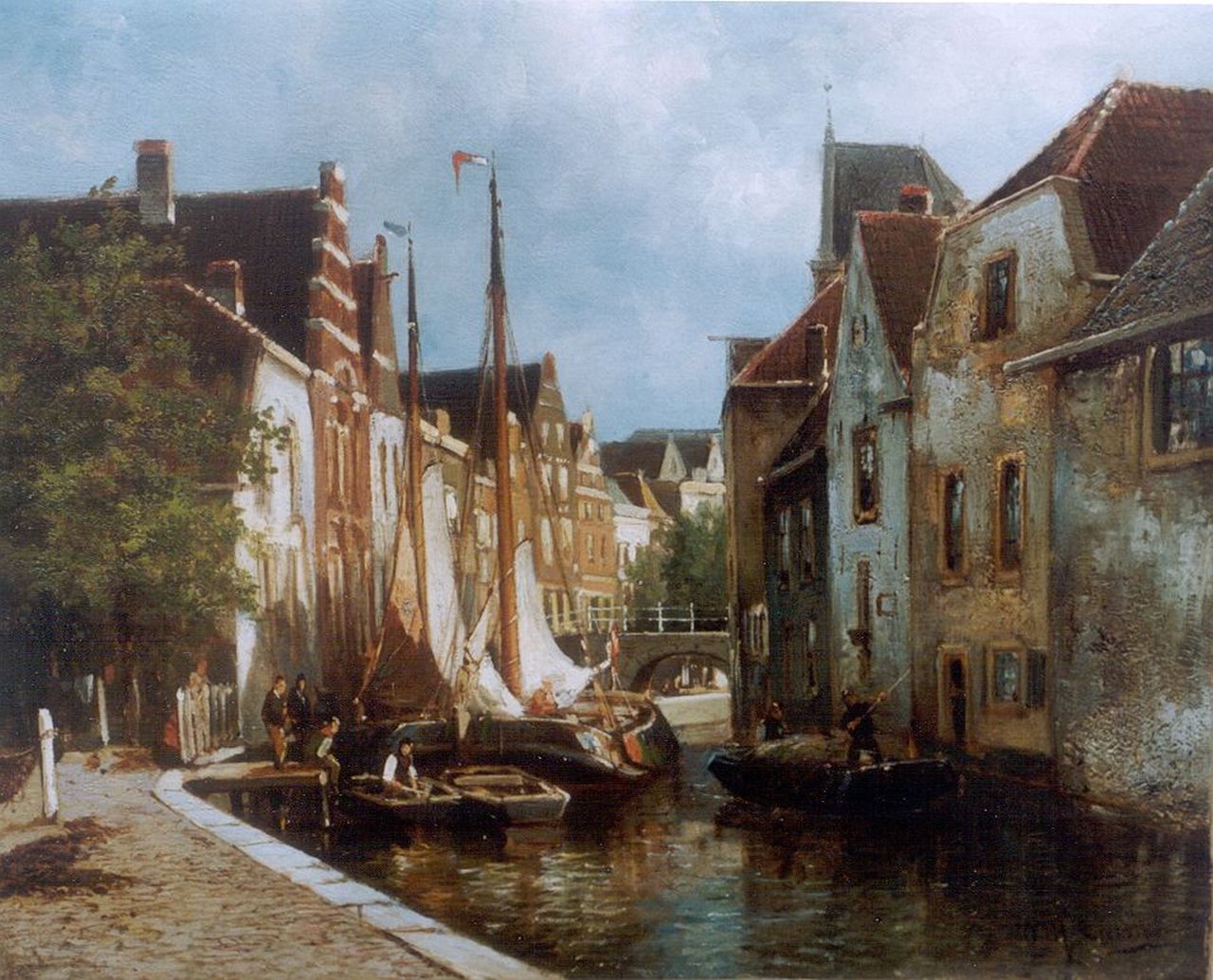 Eickelberg W.H.  | Willem Hendrik Eickelberg, Stadsgracht met afgemeerde vrachtschuiten, olieverf op doek 31,4 x 36,1 cm, gesigneerd rechtsonder