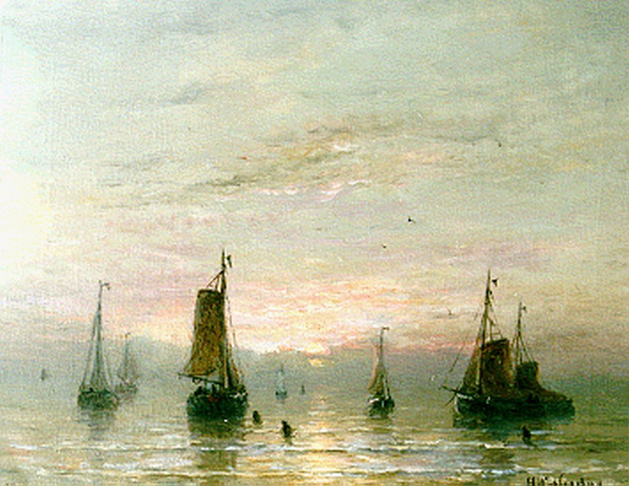Mesdag H.W.  | Hendrik Willem Mesdag, Uitvarende vloot bij zonsondergang, olieverf op doek 40,0 x 51,2 cm, gesigneerd rechtsonder