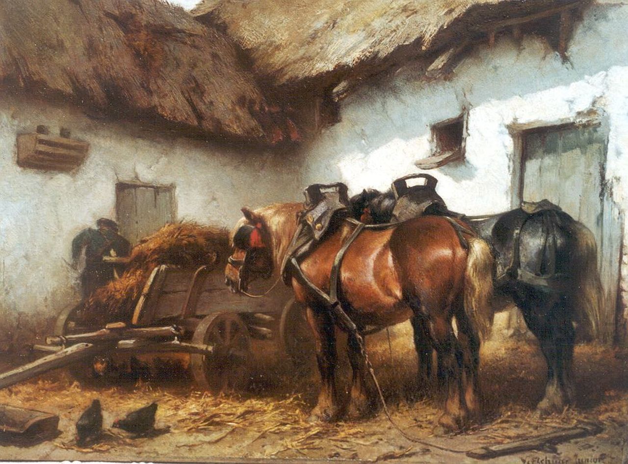 Verschuur jr. W.  | Wouter Verschuur jr., Boer en werkpaarden op boerenerf, olieverf op paneel 24,5 x 33,4 cm, gesigneerd rechtsonder