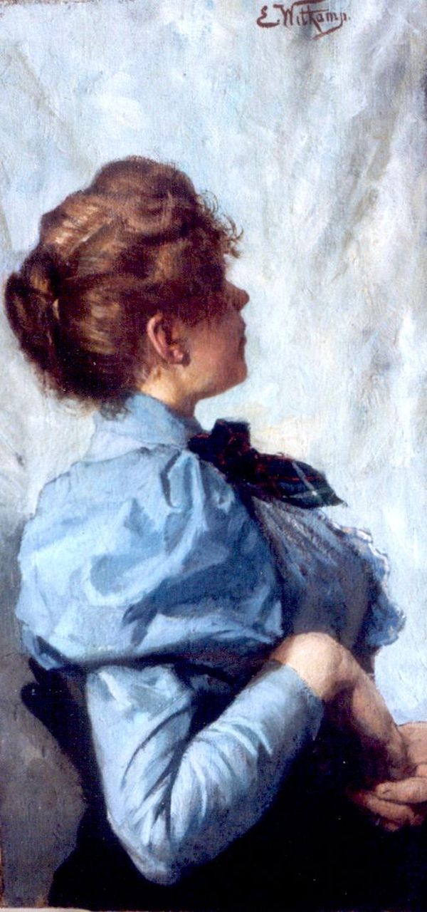 Witkamp jr. E.S.  | Ernest Sigismund 'Ernst' Witkamp jr., Jonge vrouw in blauwe blouse, olieverf op doek 47,5 x 23,6 cm, gesigneerd rechtsboven