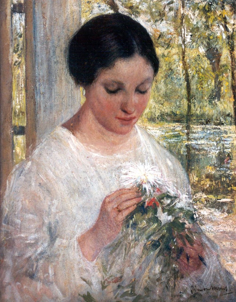 Maris S.W.  | Simon Willem Maris, Jonge vrouw met bos bloemen, olieverf op paneel 30,8 x 24,1 cm, gesigneerd rechtsonder