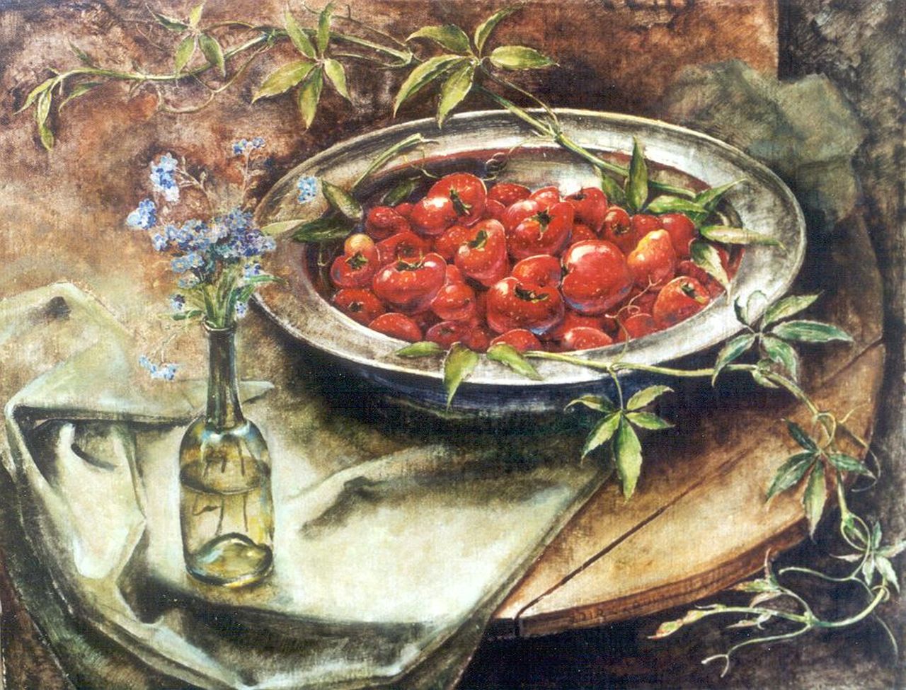 Kruizinga D.  | Dirk Kruizinga, Stilleven met aardbeien op tinnen schaal, olieverf op doek 35,2 x 45,3 cm, gesigneerd rechtsonder