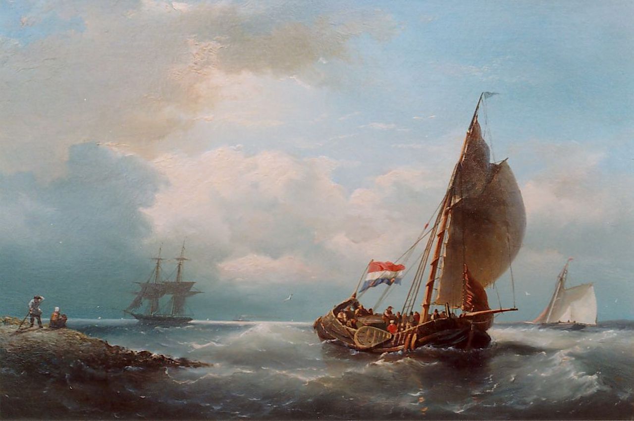 Riegen N.  | Nicolaas Riegen, Zeilschepen voor de kust, olieverf op paneel 32,7 x 48,3 cm, gesigneerd linksonder