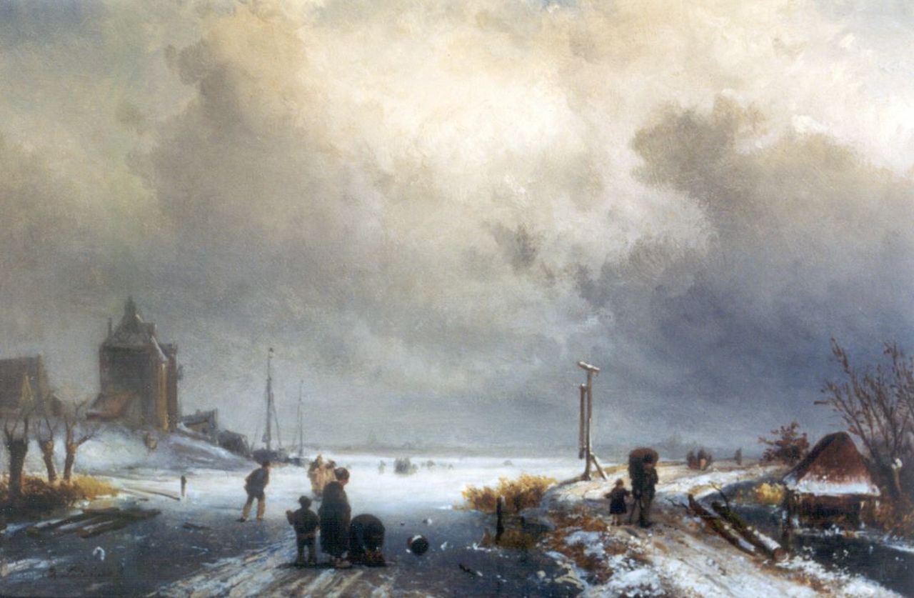 Leickert C.H.J.  | 'Charles' Henri Joseph Leickert, Winterlandschap (stoffering door J.H.B. Koekkoek), olieverf op paneel 31,2 x 45,6 cm, gesigneerd linksonder