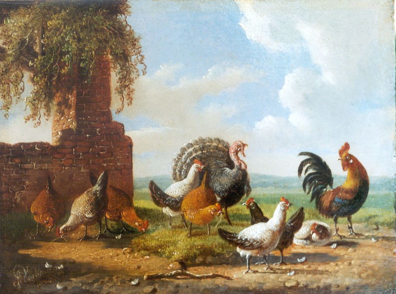 Verhoesen A.  | Albertus Verhoesen, Kippen en kalkoen in een landschap, olieverf op paneel 13,1 x 17,3 cm, gesigneerd linksonder en gedateerd 1854