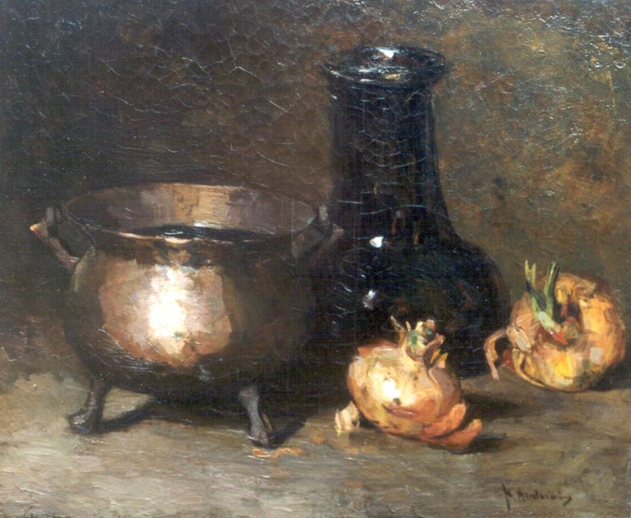 Arntzenius P.F.N.J.  | Pieter Florentius Nicolaas Jacobus 'Floris' Arntzenius, Stilleven met uien en een koperen pot, olieverf op doek 38,5 x 46,3 cm, gesigneerd rechtsonder