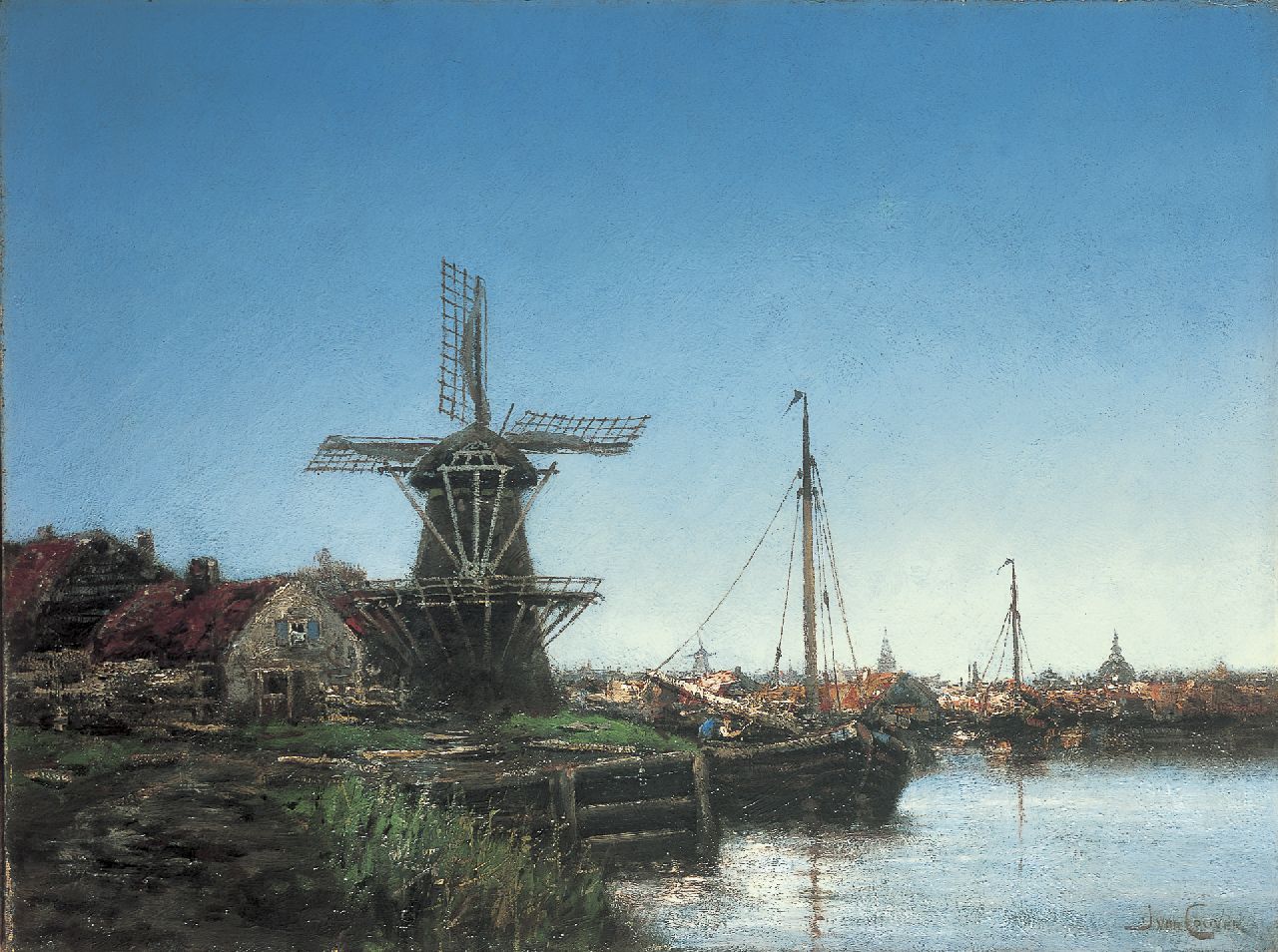 Koekkoek jr. H. | Hermanus Koekkoek jr., Havengezicht met molen, olieverf op doek 45,8 x 61,1 cm, gesigneerd rechtsonder met pseudoniem 'J. van Couver' Koekkoek jr. H. | Hermanus Koekkoek jr., Havengezicht met molen, olieverf op doek 45,8 x 61,1 cm, gesigneerd rechtsonder met pseudoniem 'J. van Couver'