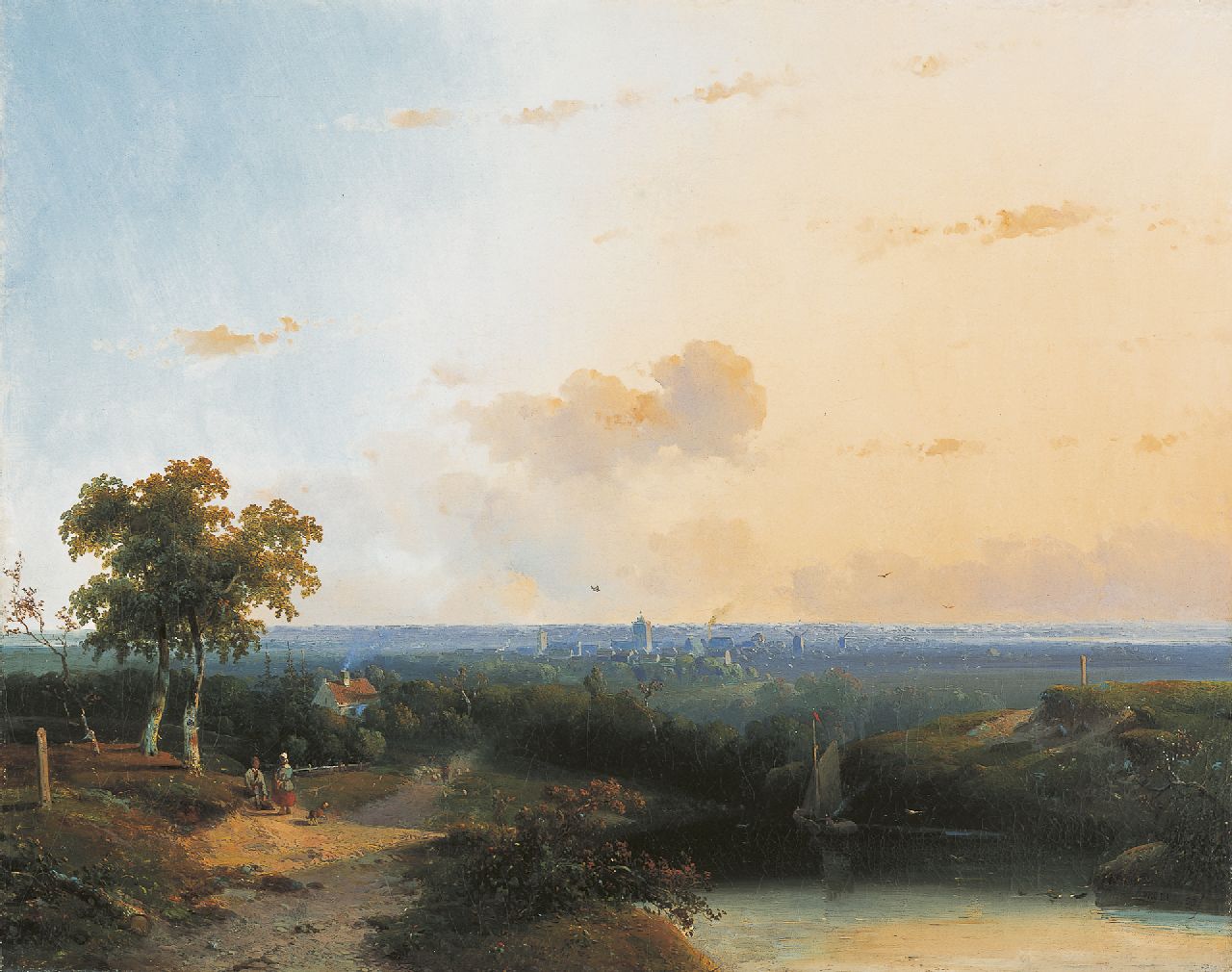 Vrolijk J.A.  | Jacobus 'Adriaan' Vrolijk, Panoramisch zomerlandschap met wandelaars langs een meer, olieverf op doek 50,5 x 63,0 cm, gesigneerd rechtsonder en gedateerd '53