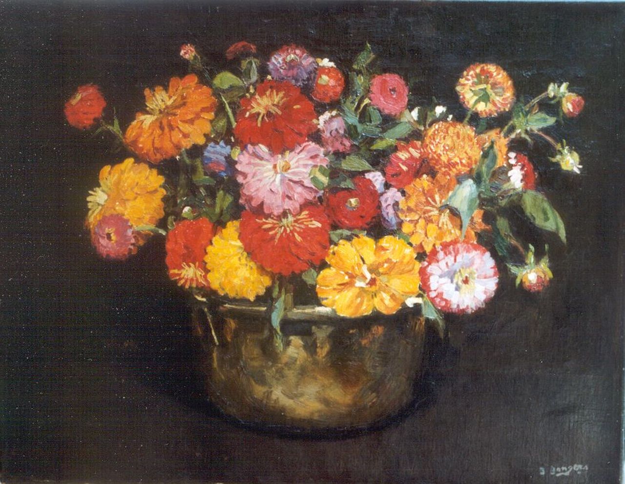 Bongers B.A.  | Berend Adrianus Bongers, Zinnia's in koperen pot, olieverf op doek 44,6 x 56,9 cm, gesigneerd rechtsonder